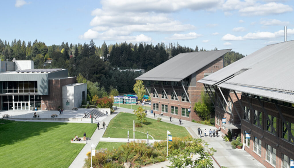 Buildings and field at Cascadia College in Bothell, Washington.