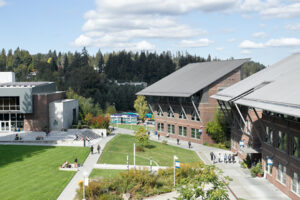 Buildings and field at Cascadia College in Bothell, Washington.